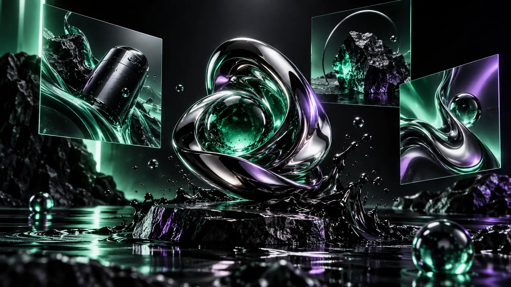 Original campaign art direction with chrome and emerald forms